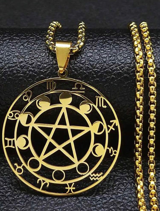 Colar com pingente de pentagrama, fases da lua, signos zodiacais