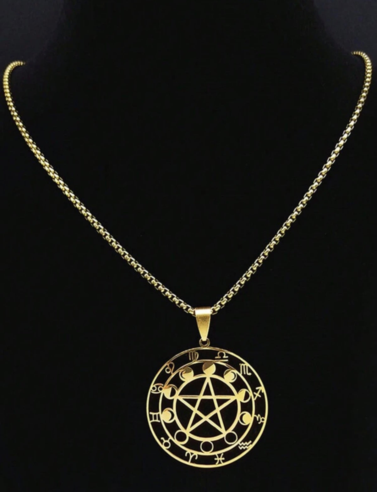Colar com pingente de pentagrama, fases da lua, signos zodiacais