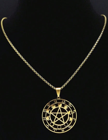 Colar com pingente de pentagrama, fases da lua, signos zodiacais