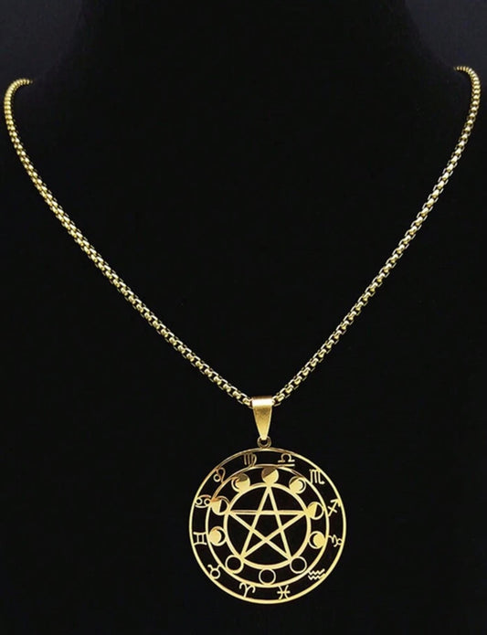Colar com pingente de pentagrama, fases da lua, signos zodiacais