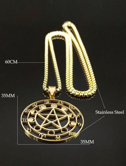 Colar com pingente de pentagrama, fases da lua, signos zodiacais