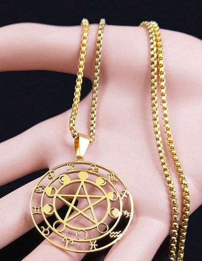Colar com pingente de pentagrama, fases da lua, signos zodiacais
