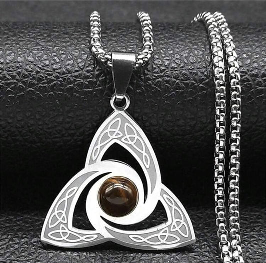 Colar  com triquetra e pedra Olho de Tigre